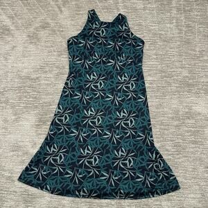 prAna Dress Womens Large Blue Green Leaf Print Racerback Pockets Outdoors